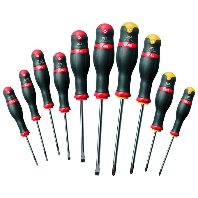 Usag 324-SH10 Set Cacciaviti 10 pezzi Taglio Phillips Lame Acciaio Cromo Vanadio Impugnatura Ergonomica Tri-materiale