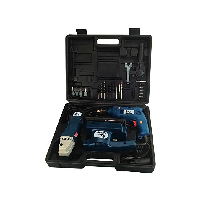 Best Quality 9071550 SET-TRIS Set 3 Elettroutensili Trapano 500W Smerigliatrice 500W Diametro 115 mm Levigatrice 135W con Accessori in Valigetta colore Nero