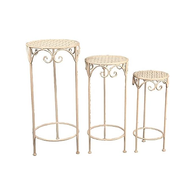 Vigor 9618350 Portafiori Ferro Battuto Set 3 Pezzi Sgabelli Tondi 32x70 27x60 22x50 cm colore Bianco Anticato