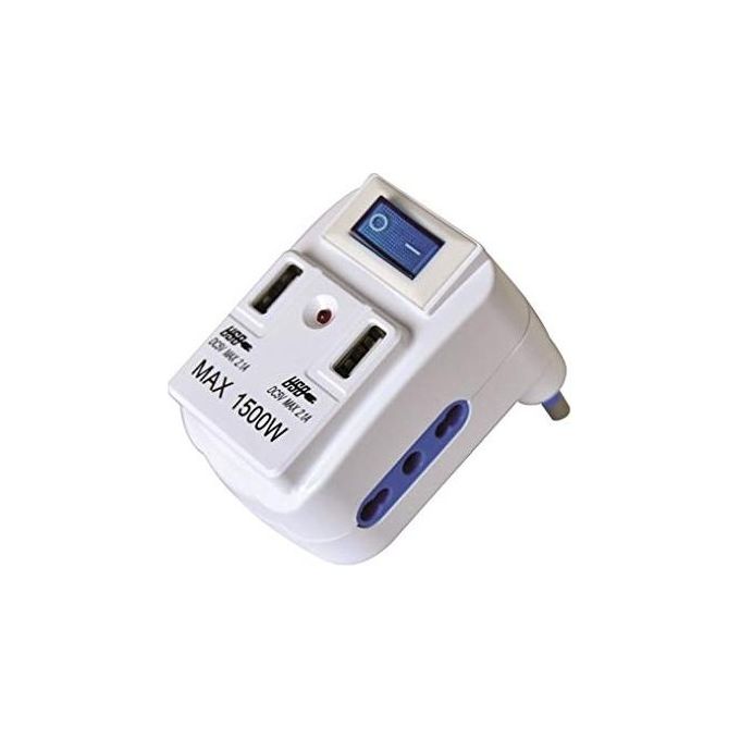 Vigor-Blinky 3508038 Adattatore con Interruttore Doppio 2 Bipasso 2 USB 16A 1500W colore Bianco