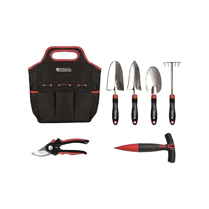 Sandrigarden SG-A90 Set 6 pezzi attrezzi da giardino in acciaio inox con borsa in tela 8 tasche colore Grigio - Nero