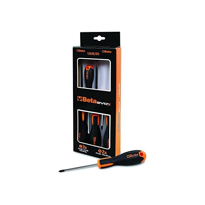 Beta 1004459 Serie Evox Set di 8 Giraviti 5 a Taglio e 3 Phillips Punta Fosfatata Antiossidazione Impugnatura Ergonomica Bimateriale con Foro per Appendere colore Nero