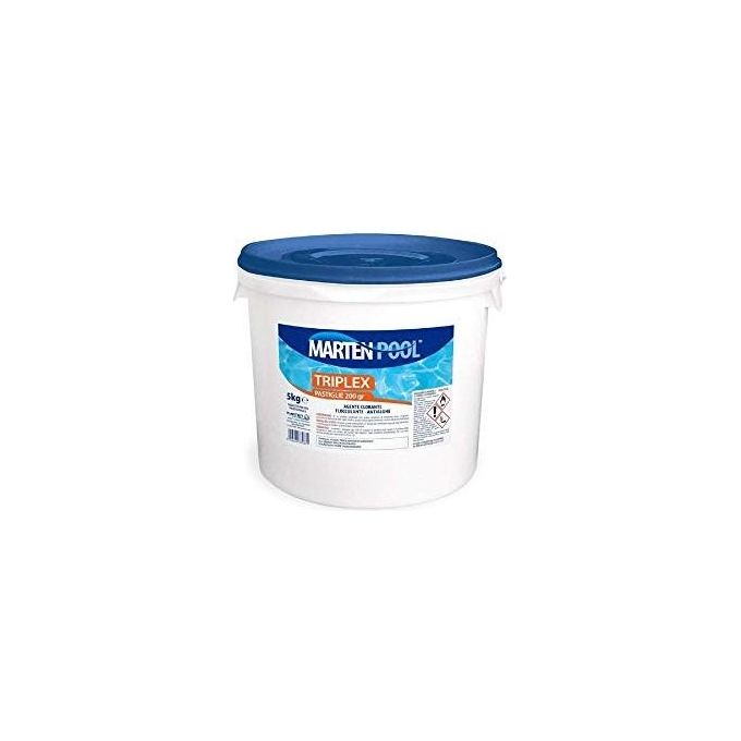 Marten 8056646330331 Triplex Pastiglie per Trattamento Acqua Piscina Clorazione Lenta Alghicida Flocculante 5 Kg colore Bianco