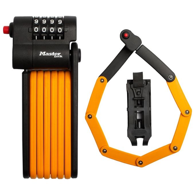Master Lock 8336EURDPRO Lucchetto pieghevole per bicicletta Combinazione 4 cifre Maglie in acciaio temprato 4 mm con supporto colore Arancione