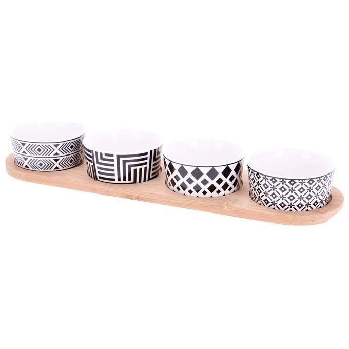 Excellent Houseware Set Aperitivo 5 Pezzi Vassoio in Bambu' 4 Ciotole in Porcellana colore Bianco e Nero