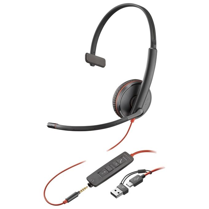 HP Poly 8X227A6 Blackwire 3215 Auricolare Monoaurale USB-C e Jack 3,5 mm con Adattatore USB-C-A Lunghezza Cavo 2,27 m colore Nero