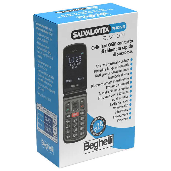 Beghelli 9205N Salvalavita Phone SLV19N ECO Cellulare per Anziani Tasto SOS Display 2.8'' Dual SIM Radio FM colore Nero