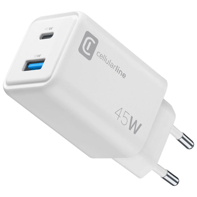 Cellularline, Caricabatterie da Muro, 45W, USB-C USB-A, Bianco
