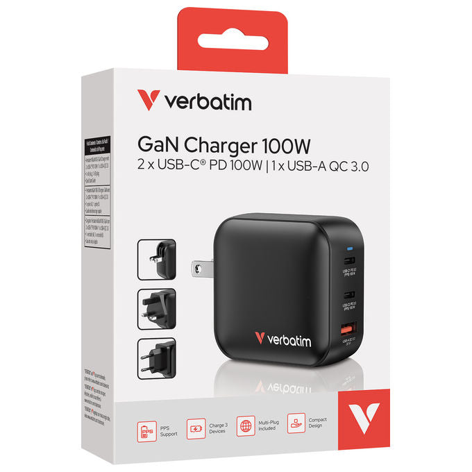 Verbatim ADP32230 Caricatore Mini GaN 100W 3 Porte USB-C USB-A Power Delivery 3.0 Quick Charge 3.0 colore Nero