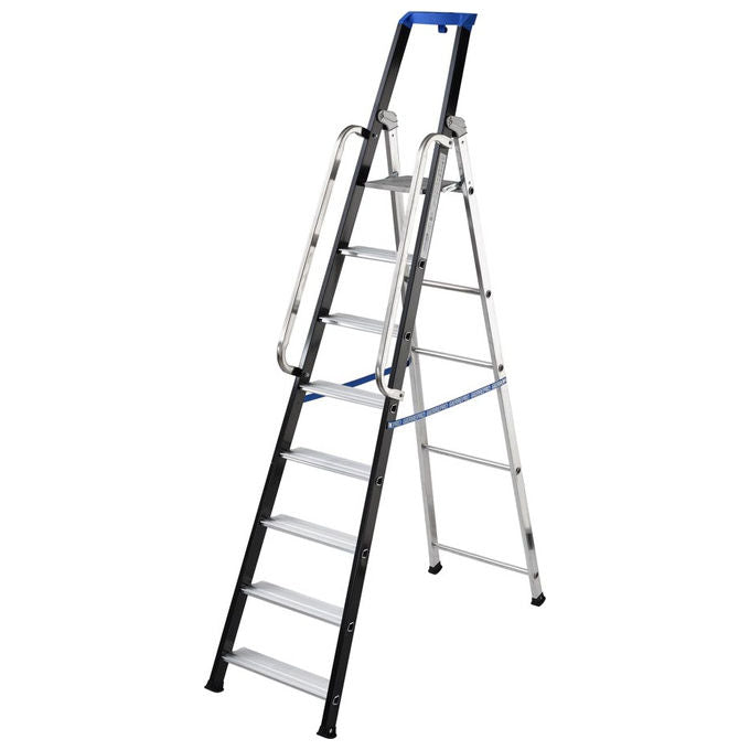 GIERRE AL757 Scala Pieghevole in Alluminio 8 Gradini Altezza Max 3,84 m Peso 12 Kg Capacita' 150 Kg con Vassoio Portautensili e Stabilizzatore colore Nero