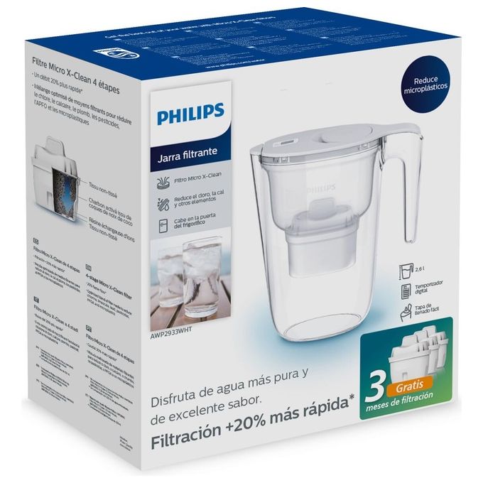 Philips S0450750 Caraffa Filtrante con Tecnologia Micro X-Clean Capacita' 2,6 L con Timer Digitale e 3 Cartucce Incluse colore Bianco e trasparente