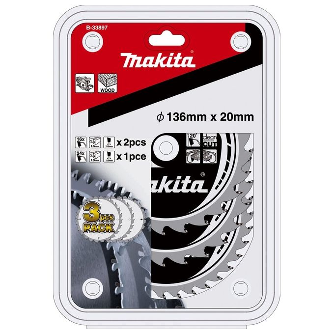 Makita B-33897 Set di 3 Lame per Sega Circolare 136 mm 20 mm 16-16-24 Denti Acciaio per Legno colore Nero