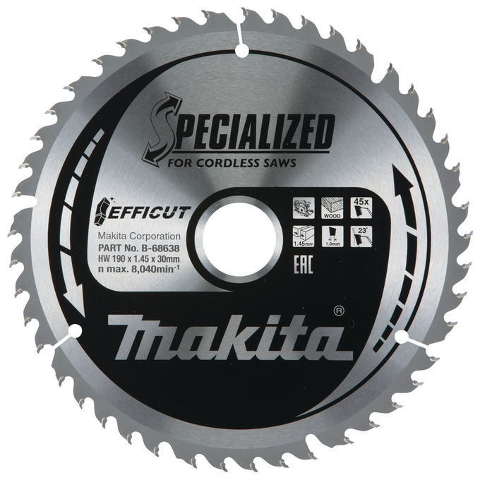 Makita B-68638 EFFICUT Lama Circolare Diametro 190 mm Foro 30 mm 45 Denti Materiale Carburo Angolo Denti 23° Spessore Taglio 1,45 mm Quantita' 1 pz colore Nero