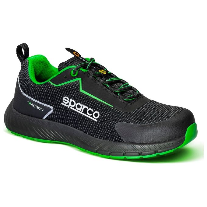 Sparco BTB0002B0K15041 Traction Sanyo Scarpe Antinfortunistiche S1PS ESD SR FO HRO Puntale Vetroresina Suola Nitrilica colore Nero Verde Fluo