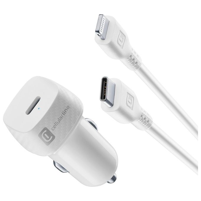 Cellularline KITC2LMFI20W Caricabatterie da Auto USB-C 20W Power Delivery con Cavo USB-C Lightning iPhone 8 e successivi colore Bianco