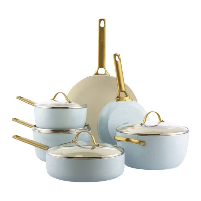 GreenPan CC008485001 Padova Reserve Set di pentole e padelle 10 pezzi con rivestimento ceramico senza PFAS adatto a tutte le fonti di calore incluso induzione manici in acciaio inossidabile colore Blu chiaro