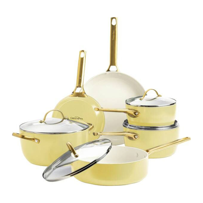 GreenPan CC008487-001 Padova Reserve Set di pentole e padelle 10 pezzi in alluminio con rivestimento ceramico antiaderente senza PFAS adatto a tutte le fonti di calore incluso induzione colore Giallo pastello