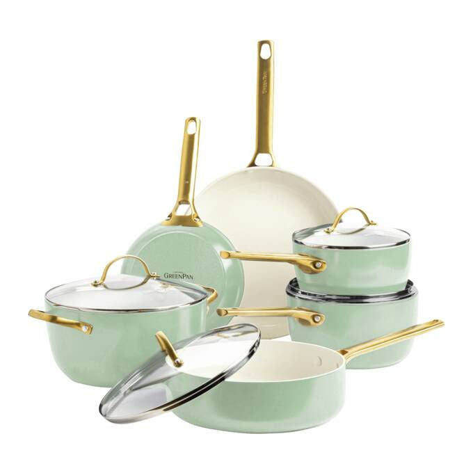 GreenPan CC008489-001 Padova Reserve Set di pentole e padelle 10 pezzi con rivestimento ceramico Thermolon senza PFAS colore Verde pastello