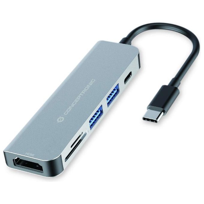 Conceptronic DONN02G Hub USB-C 6 in 1 HDMI 4K 2x USB-A 3.0 USB-C PD 60W Lettore SD microSD colore Alluminio