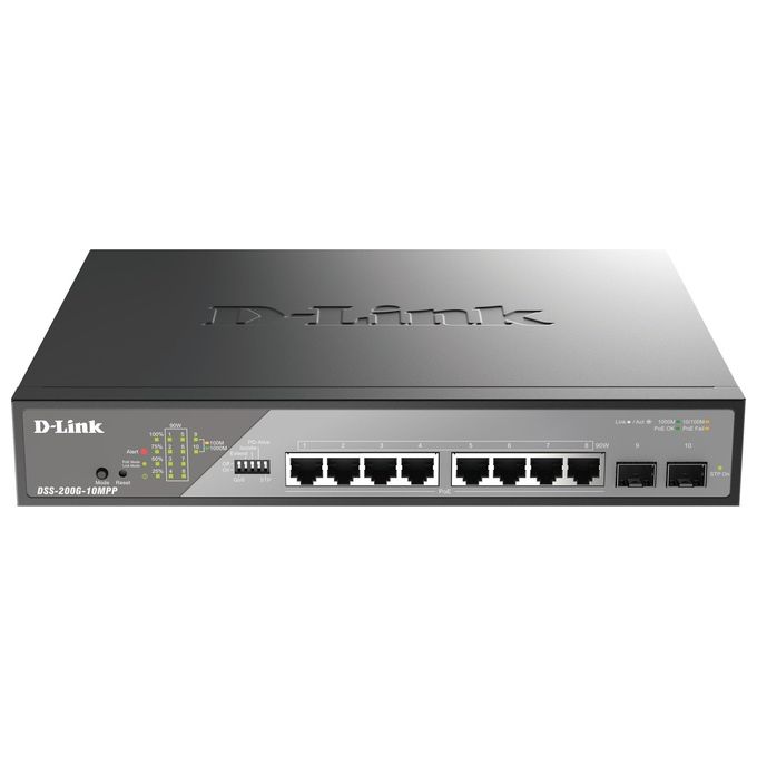 D-Link DSS-200G-10MPP Switch di Rete Gestito L2 10 Porte Gigabit Ethernet con 8 Porte PoE 90W 2 Slot SFP 242W Totale PoE 1U colore Nero Grigio