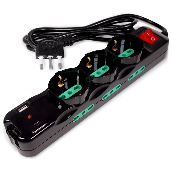 Tecnoware FMP9IIGUSB Power Cleaner 9 Multipresa 9 Uscite 3 Schuko 6 Italia 10 16A USB-A USB-C Quick Charge 3.0 Interruttore Luminoso colore Nero