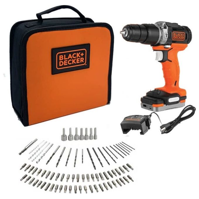 Black+Decker BDCHD12S1A Trapano Avvitatore a Percussione 12V 1,5 Ah 2 Velocita' 11 Posizioni Coppia Luce LED 80 Accessori Softbag