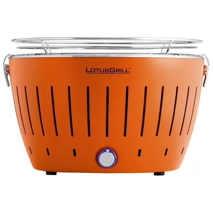 LotusGrill G34 U OR Barbecue Portatile a Carbonella con Sistema di Ventilazione e Alimentazione USB 4 Batterie AA Diametro Griglia 32 cm colore Arancione