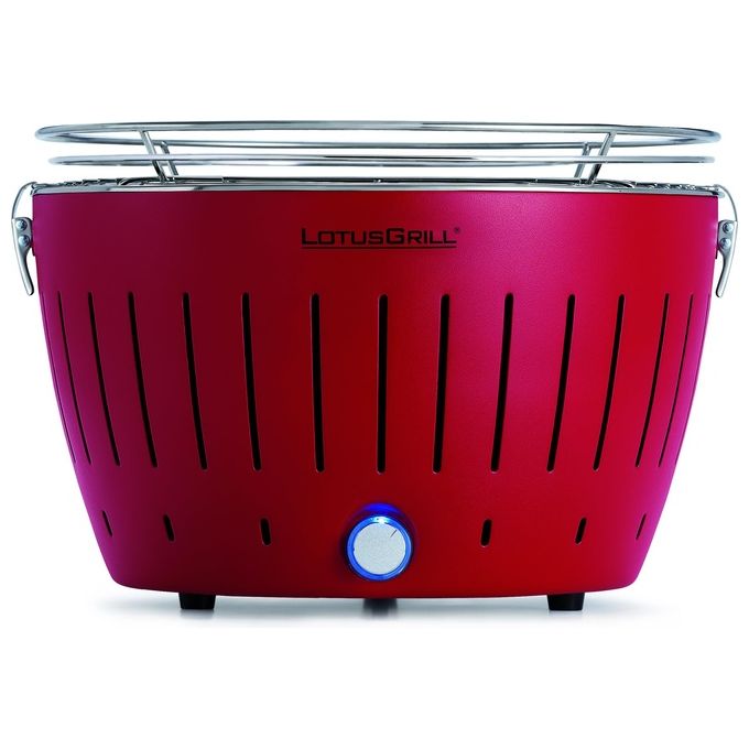 LotusGrill G34 U RD Barbecue a Carbone Portatile con Sistema di Ventilazione Senza Fumo Diametro Griglia 32 cm Alimentazione a Batterie AA o USB colore Rosso