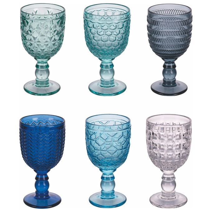 Villa d'Este Home Tivoli 5917942 Geometrie Set 6 Calici da Vino in Vetro Superficie a Rilievo 280 ml colore Ocean