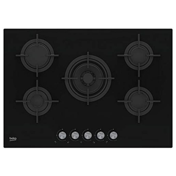 Beko HILW75222S Piano cottura Gas 75 cm 5 fuochi Bruciatore Wok 5000 W Accensione Automatica Griglie Ghisa colore Nero