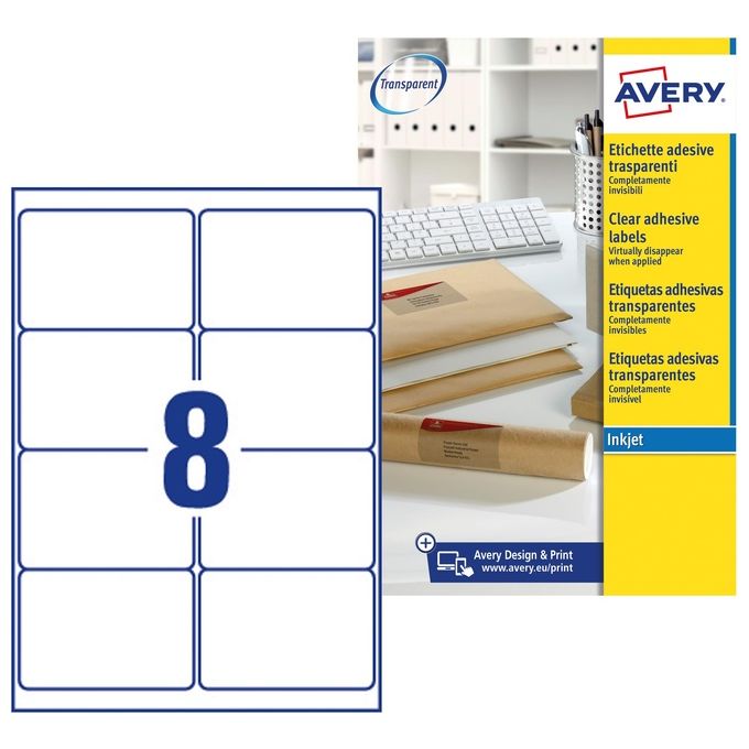 Avery J8565-25 QuickPEEL Etichette adesive in poliestere 99,1x67,7 mm 8 etichette per foglio 25 fogli inkjet colore Trasparente