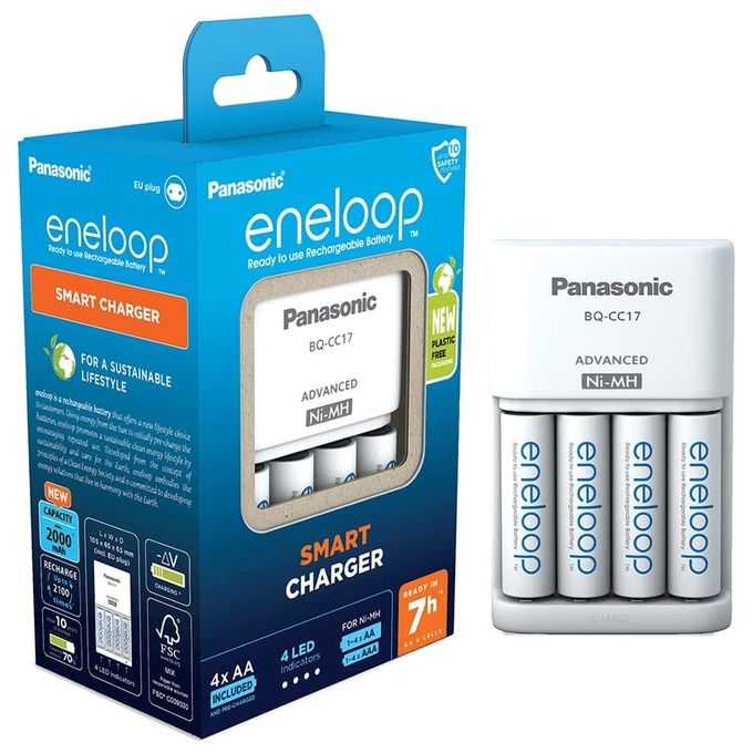 Eneloop BQ-CC17 Caricabatterie Smart per Batterie AA AAA NiMH Include 4 Batterie AA 2000 mAh Ricarica 7 Ore colore Nero