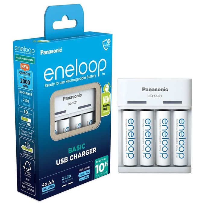 Panasonic BQ-CC61 Eneloop Caricabatterie USB NiMH 2 o 4 batterie AA AAA con 4 batterie AA 2000 mAh incluse
