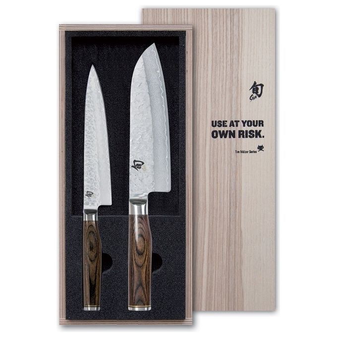 KAI TDMS-230 Shun Premier Tim Mälzer Set di Coltelli da Cucina Santoku 18 cm e Multiuso 16,5 cm Acciaio VG-MAX 61 HRC Manico in Noce colore Marrone