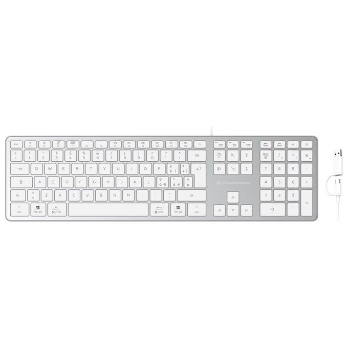 Conceptronic KAYNE02WIT Tastiera USB slim connessione USB-A USB-C layout IT colore Bianco