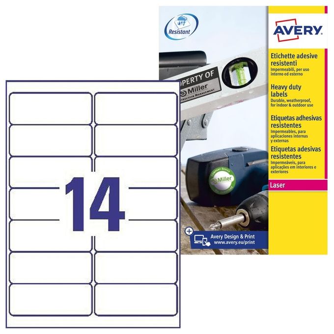 Avery L7063-20 Etichette Adesive in Poliestere Bianco Resistente 99,1x38,1 mm 14 etichette per foglio A4 Stampabili Laser colore Bianco