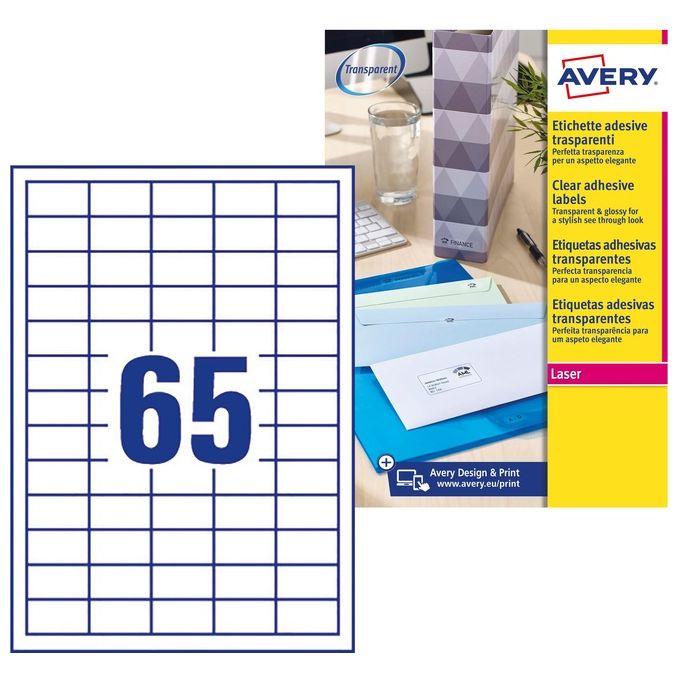 Avery L7551-25 Etichette Adesive Mini Indirizzi Trasparenti 38,1x21,2mm 65 per foglio 25 Fogli A4 1625 Etichette Laser colore Trasparente