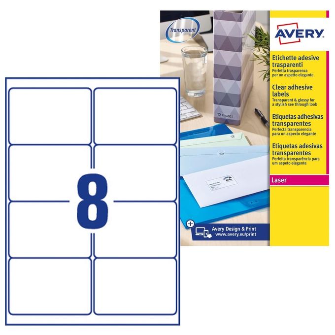 Avery L7565-25 Etichette Poliestere Trasparenti Lucide QuickPEEL 99,1x67,7 mm 8 etichette per foglio Laser 25 fogli colore Trasparente