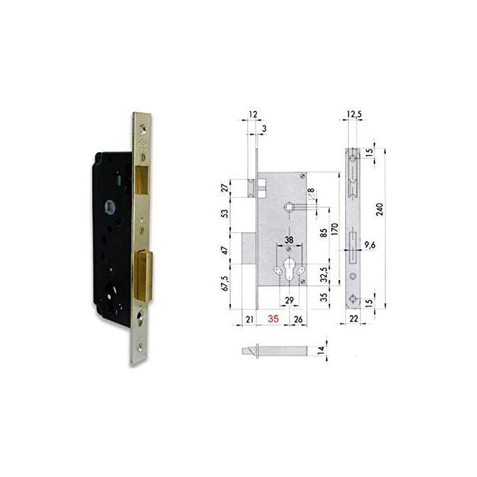 CISA 1.5C110.40.0 5C110 Serratura da infilare per cilindro europeo entrata 40 mm interasse 85 mm frontale 22 mm catenaccio a due mandate scrocco reversibile colore Ottone