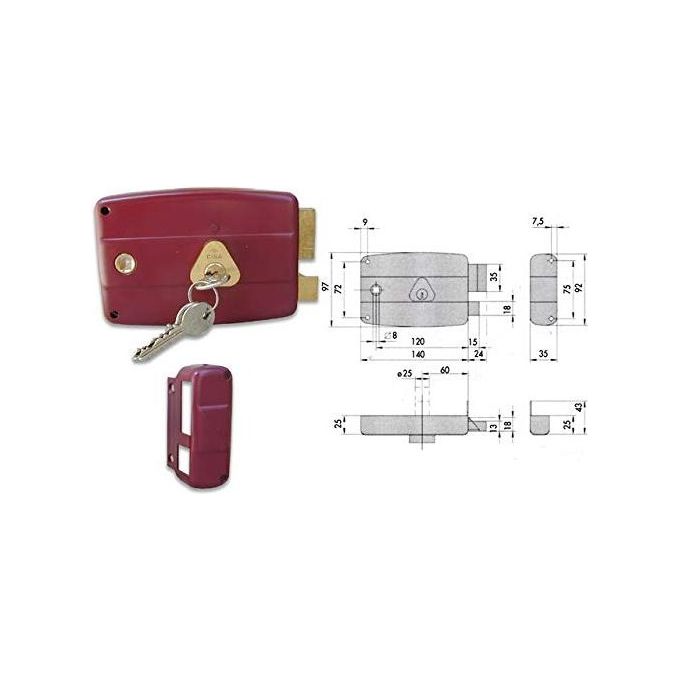 CISA 50171 Serratura Meccanica a Cilindro Fisso per Porta in Legno Entrata 60 mm Mano Sinistra Catenaccio e Scrocco in Ottone Scatola in Acciaio Verniciato colore Rosso Amaranto