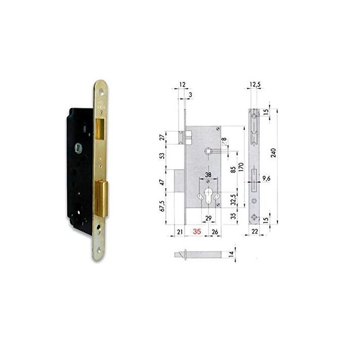 CISA 1201576 5C130-70-0 Serratura Infilare per Cilindro Europeo con Scrocco Reversibile e Catenaccio a 2 Mandate colore Vermessingato