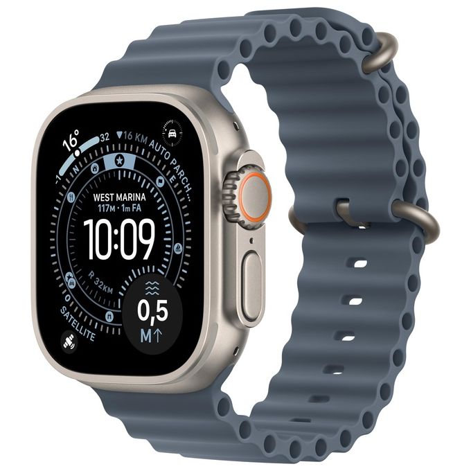 Apple Watch Ultra 3, smartwatch GPS + Cellular, cassa 49 mm in titanio naturale, cinturino Ocean blu salmastro, autonomia 72 ore