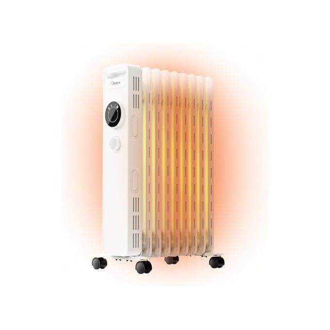 Midea NY2009-20ME Radiatore a Olio 9 Elementi 2000 W con Termostato Regolabile 3 Livelli di Potenza Ruote Piroettanti Protezione Antiribaltamento e Antisurriscaldamento colore Bianco