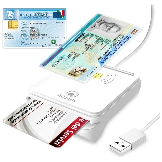 Atlantis P005-CIEK421C Lettore Smart Card Combo 2in1 NFC Contactless CIE 3.0 CNS CRS Tessera Sanitaria USB colore Bianco