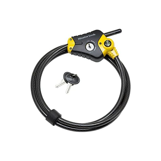 Master Lock 8420EURD Cavo di Sicurezza Regolabile Python 4.5 m x 10 mm acciaio intrecciato con chiave a tamburello 4 chiavi incluse colore Nero e Giallo