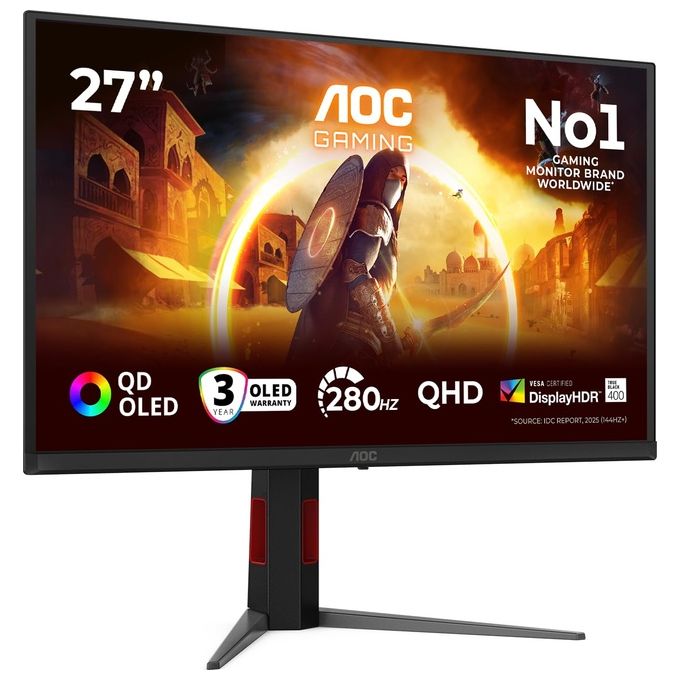 AOC monitor gaming Q27G4ZD 27 pollici, QD-OLED, 2560x1440 QHD, 280Hz, 1ms, HDR400, hub USB, regolazione altezza, nero