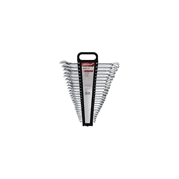 Gedore R09105024 Set di Chiavi Combinata Metriche 24 Pezzi 6-32 mm Acciaio Cromo-Vanadio Finitura Cromata Opaca Satinata Angolo 15° Conforme DIN 3113 ISO 3318 ISO 7738 In Supporto colore Nero