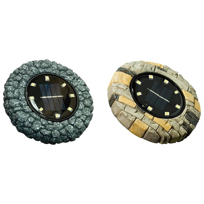 EZSolar GL089EZ Lampada Solare LED da Pavimento Rotonda Effetto Granito 2 Pezzi IP44 8 LED 6500K colore Grigio