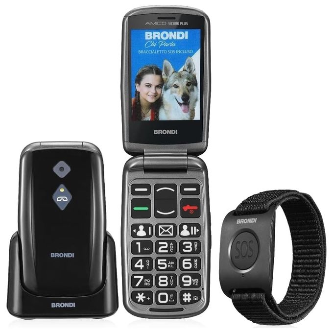 Brondi 8015908810301 Amico Sicuro Plus Telefono Cellulare Dual SIM 2.8'' Tasto SOS Braccialetto SOS Base Ricarica colore Nero