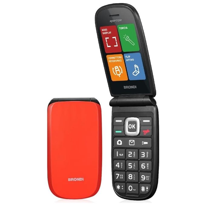 Brondi 10281062 Raptor Telefono per anziani Clamshell Dual SIM Display 2.8'' Fotocamera Flash Torcia 3 Pulsanti Rapidi colore Orange Metal